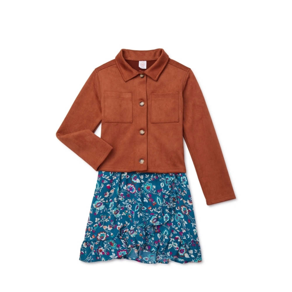 Stylish Brown Jacket with Floral Blue Wonder Nation Dress Size 14-16 Plus